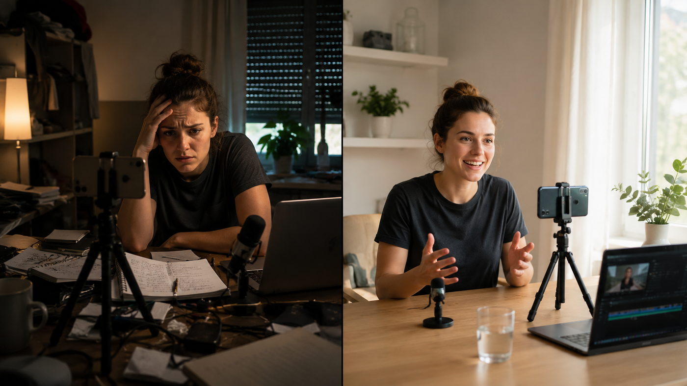 Před a po, frustrující versus sebevědomé natáčení